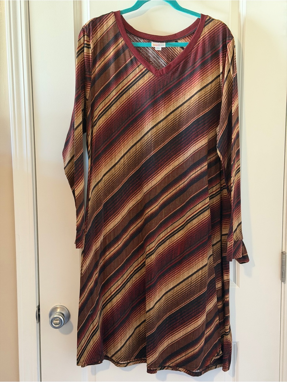 LuLaRoe Diagonal Stripe V-Neck Long Sleeve Dress in Burgundy, Tan, Brown, Cream
